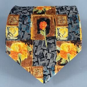 ERMENEGILDO ZEGNA Grey Yellow Abstract Floral Silk Tie